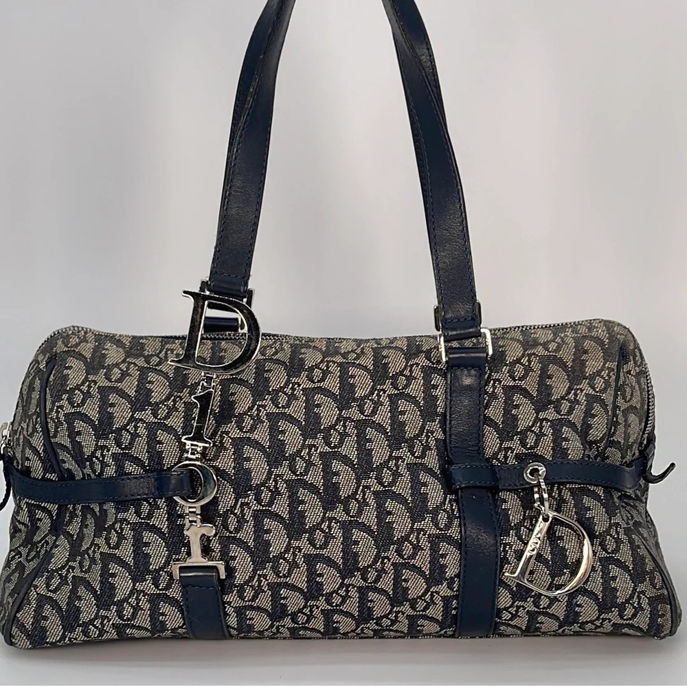 Dior Vintage Navy and Gray Trotter Boston Bag.